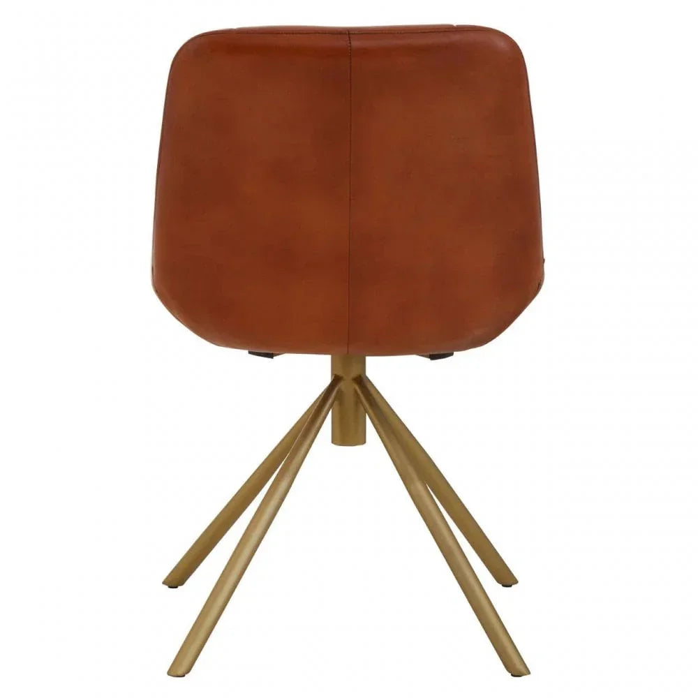 Brown leather dining chair with gold metal legs, rear view
