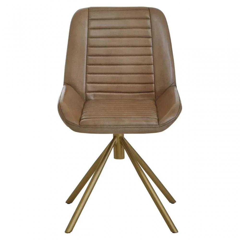 Brown faux leather dining chair with gold metal legs and ribbed seat detail, front view
