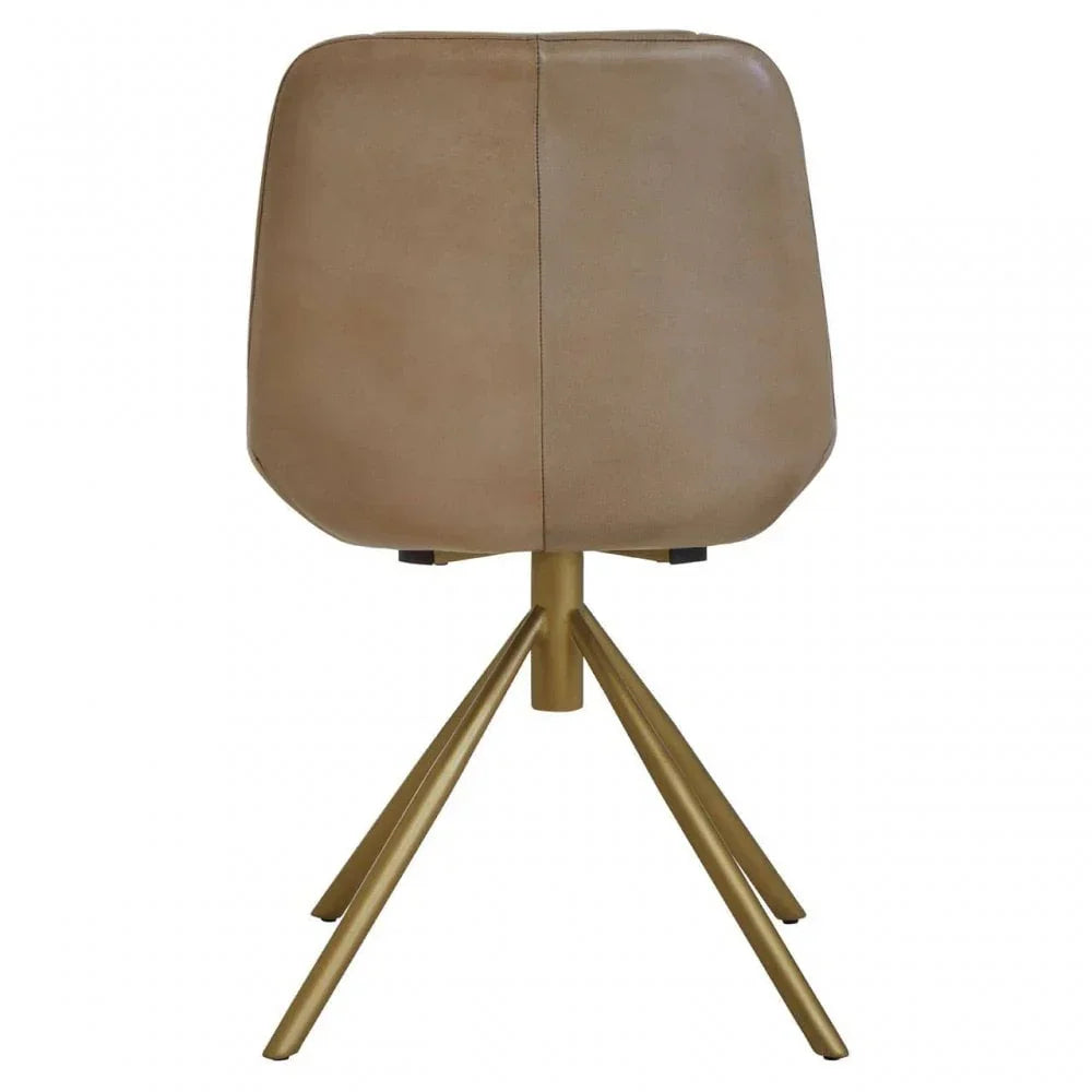 Beige leather dining chair with gold metal legs rear view