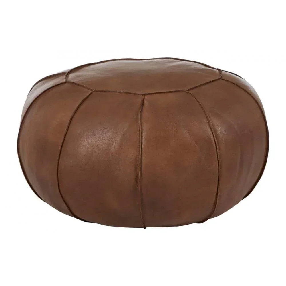 Round brown leather pouffe footstool with stitched panels on white background