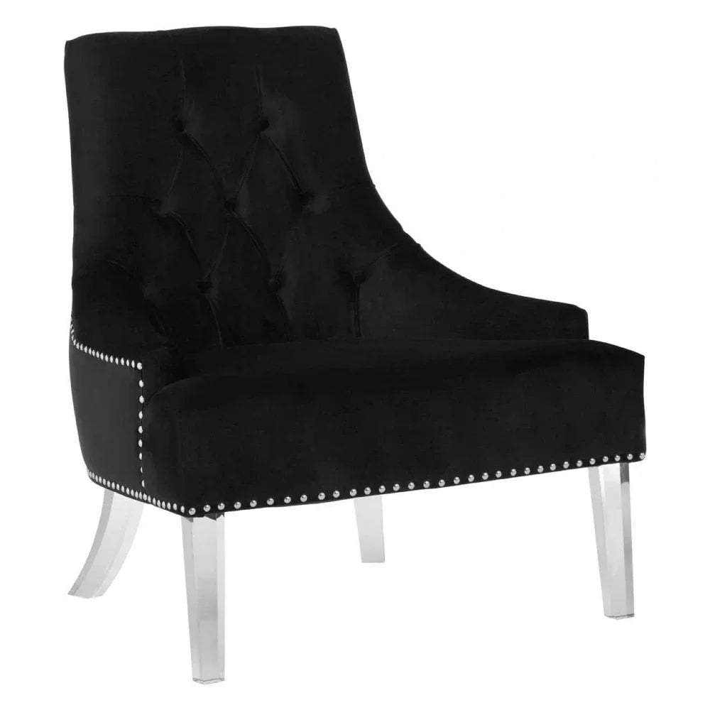 Black velvet accent chair with studded trim and clear acrylic legs
