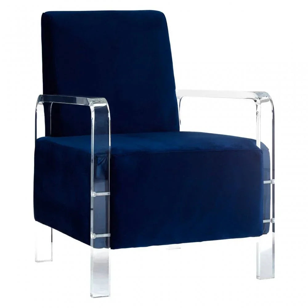Navy velvet accent chair with clear acrylic arms and legs, front angle view