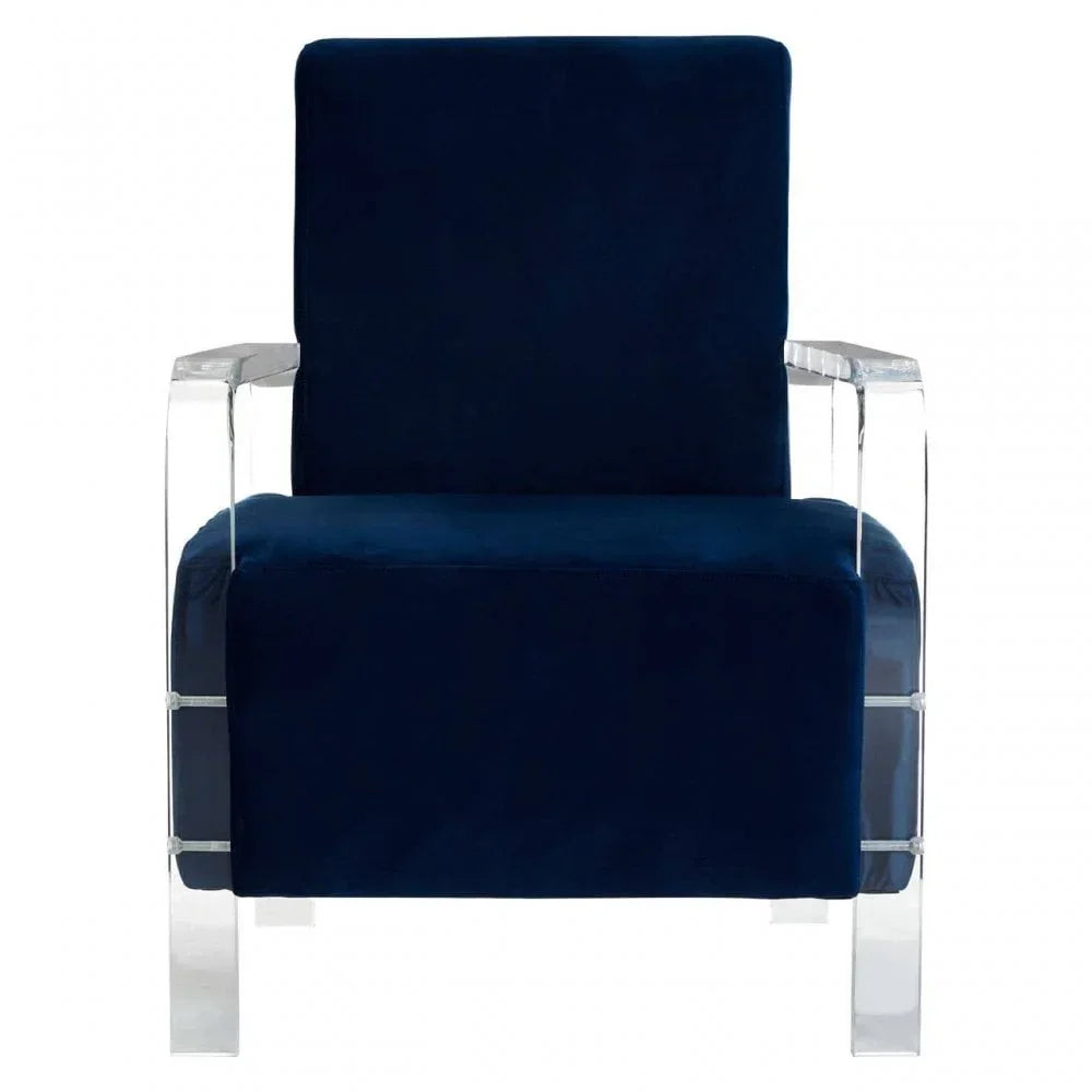 Navy velvet accent chair with clear acrylic arms and legs, front view