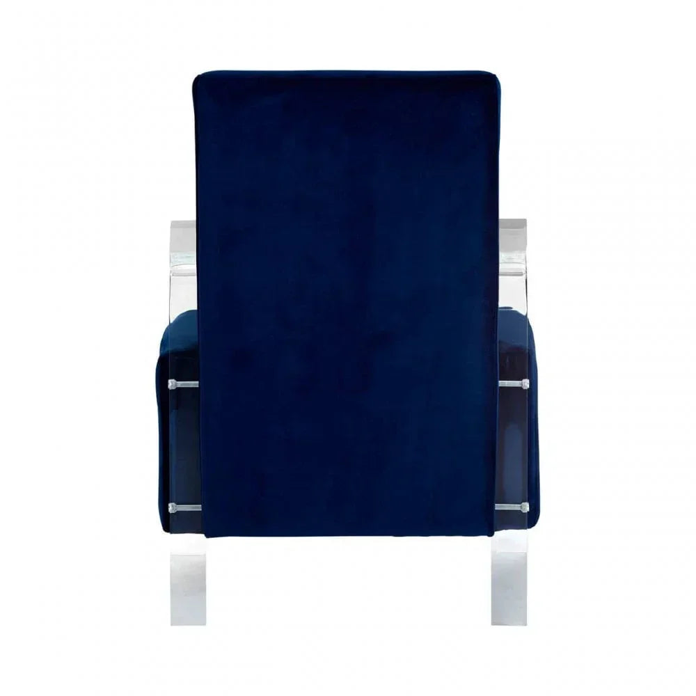 Velvet accent chair with clear acrylic frame, rear view, deep blue upholstery