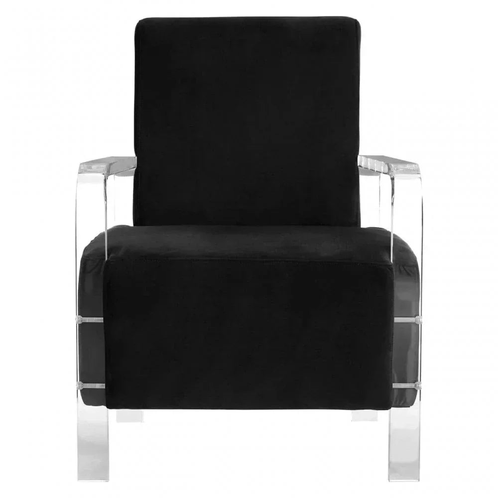 Black velvet armchair with clear acrylic arms and modern boxy design, front view
