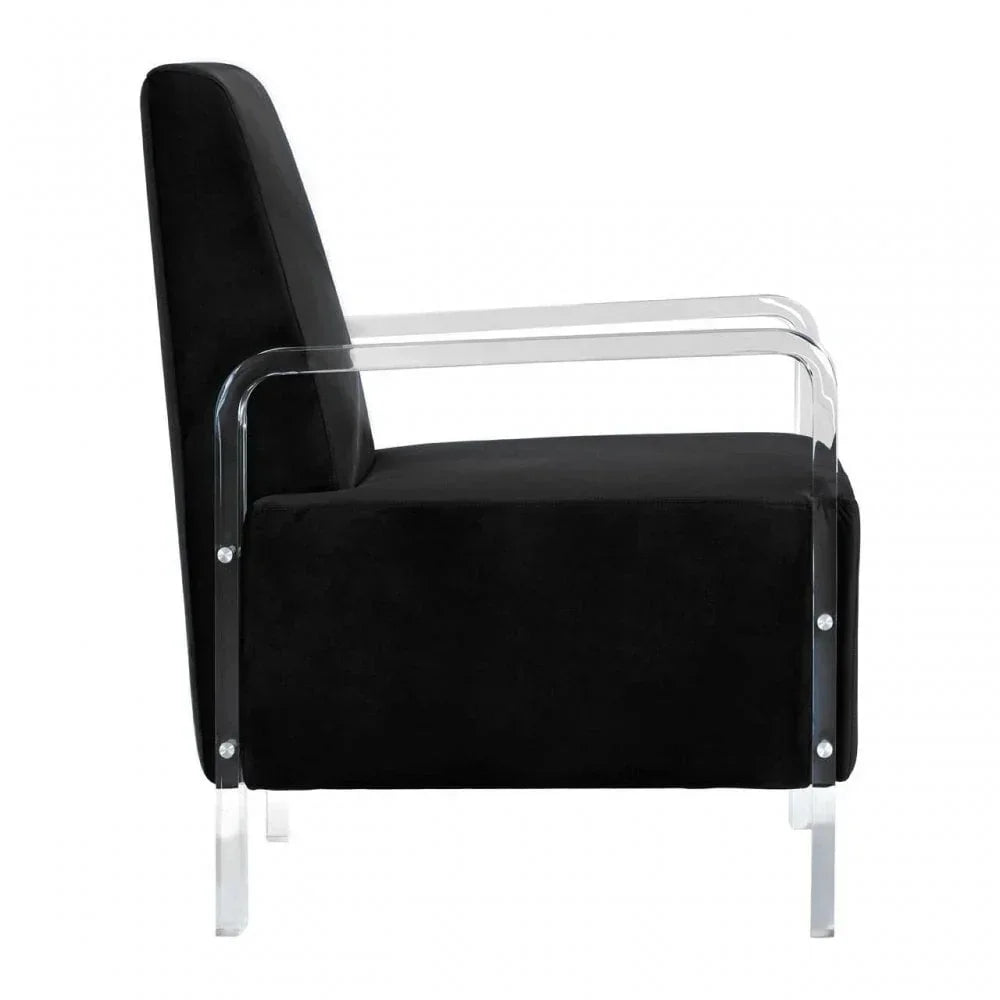 Black accent chair with clear acrylic arms and legs, side profile view