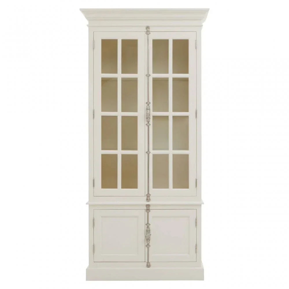White wooden display cabinet with glass doors and lower storage cupboard