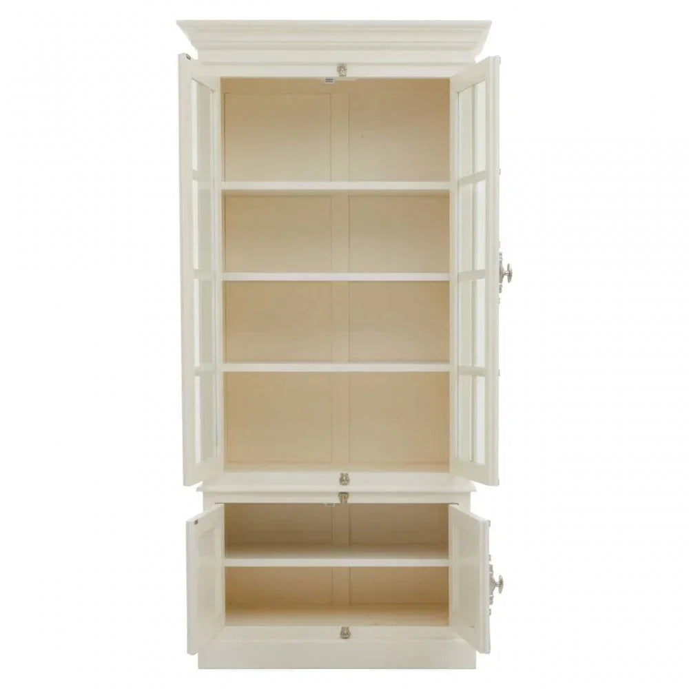White wooden display cabinet with glass paneled doors and interior shelving