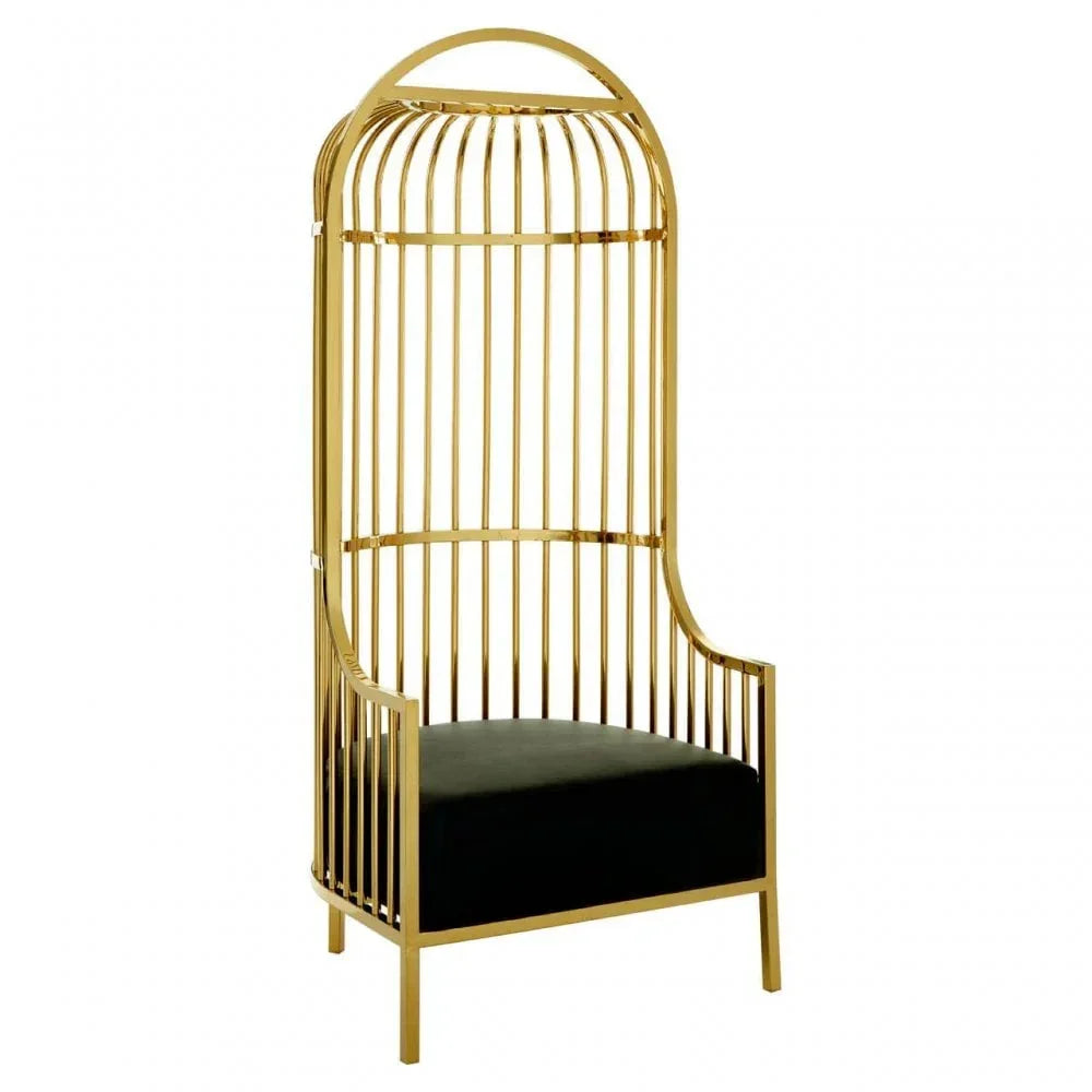 Gold cage accent chair with black cushion and high backrest, contemporary furniture design