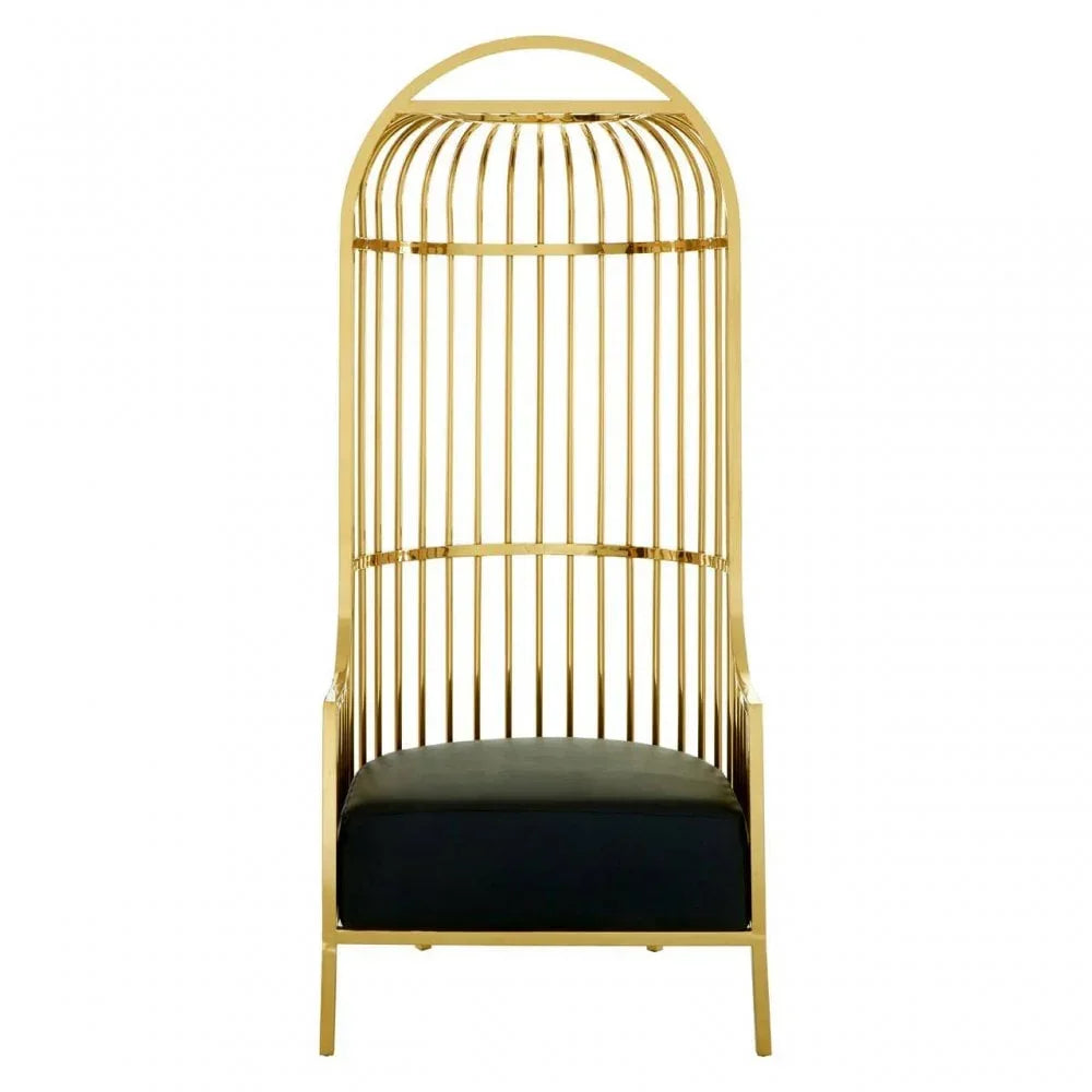 Gold metal accent chair with tall cage-style frame and black cushioned seat, front view