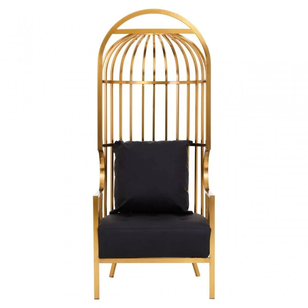 Gold metal accent chair with cage-style high back and black seat cushion