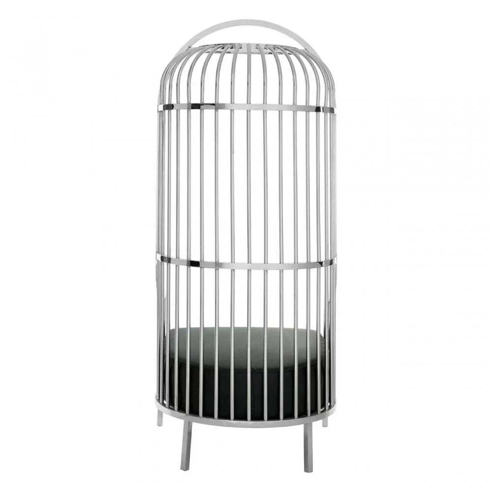 Tall metal cage chair with black round seat and vertical bars, modern accent furniture