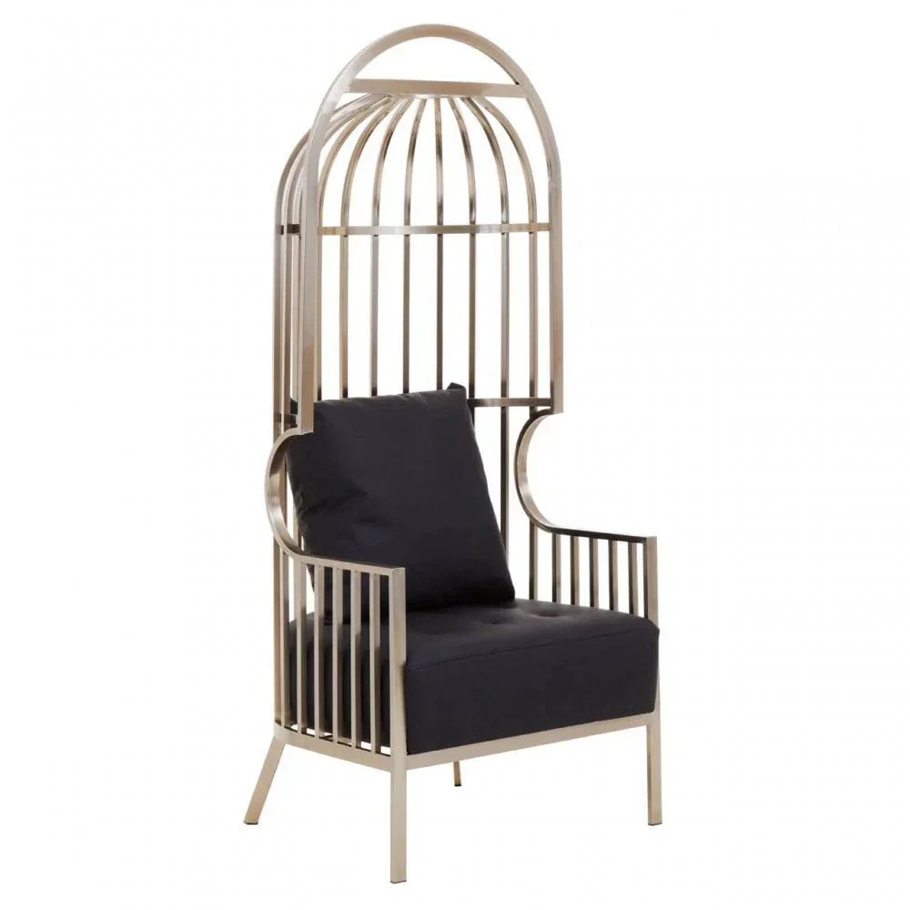 Silver metal armchair with high back cage design and black seat cushion