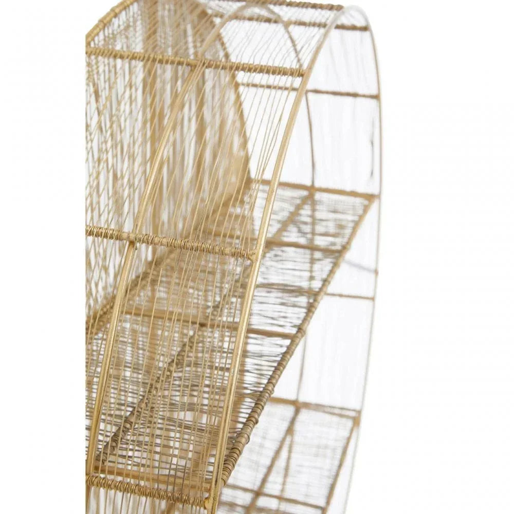 Gold metal wire shelving unit with curved frame and open grid design