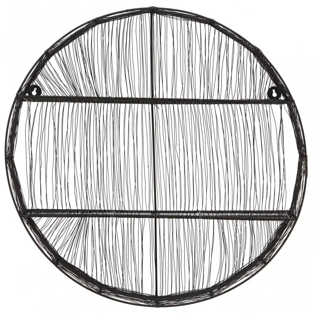 Round black wire wall shelf with vertical lines and two horizontal shelves