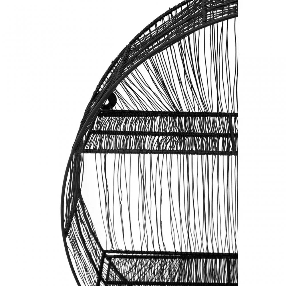 Closeup of black rattan garden furniture frame with vertical woven detailing