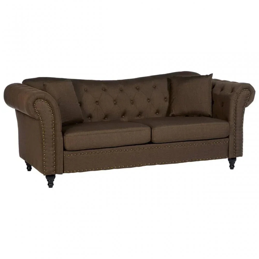 Brown fabric chesterfield sofa with button tufting and nailhead trim, two seat cushions