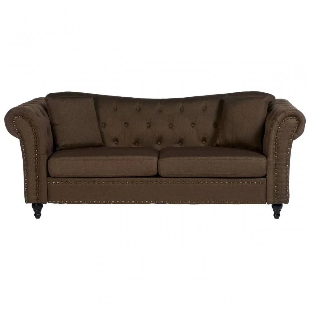 Brown fabric sofa with button-tufted backrest, rolled arms, and studded detailing