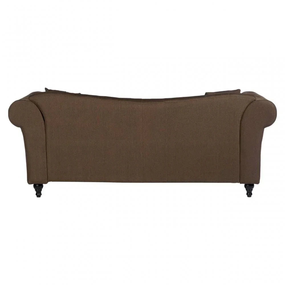 Back view of brown fabric sofa with rolled arms and turned wooden feet