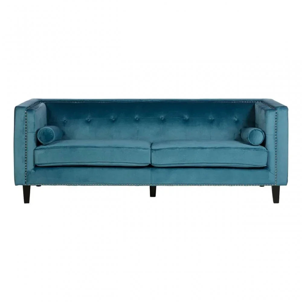 Teal velvet sofa with button-tufted back, nailhead trim, and black legs, front view