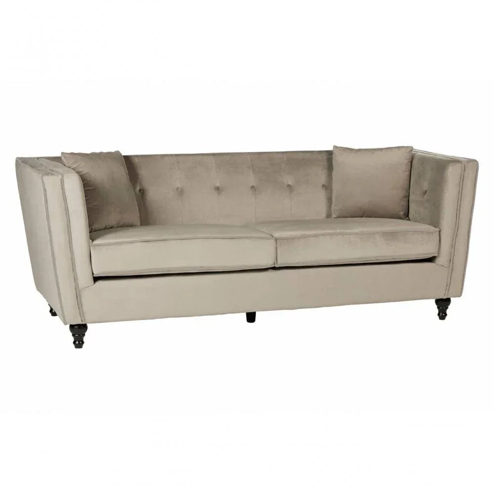 Beige velvet sofa with button tufted backrest and two matching cushions on dark legs