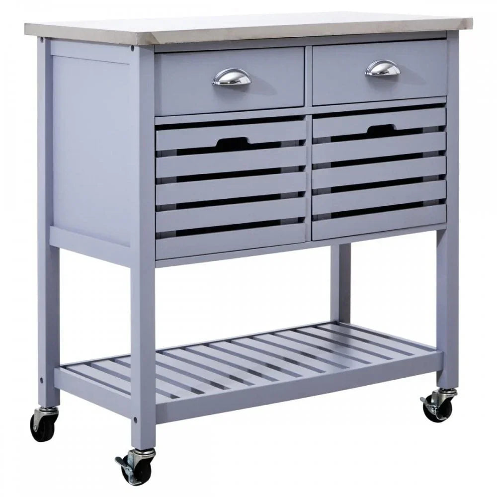 Grey kitchen trolley with two drawers, slatted shelves, and four caster wheels