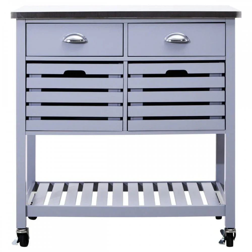 Grey kitchen trolley with drawers, slatted shelves, and locking caster wheels