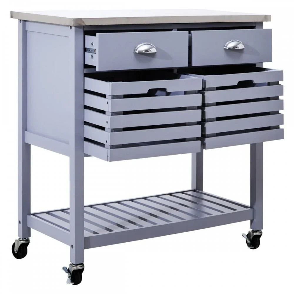 Grey wooden kitchen trolley with two drawers, two basket shelves and a metal top on wheels