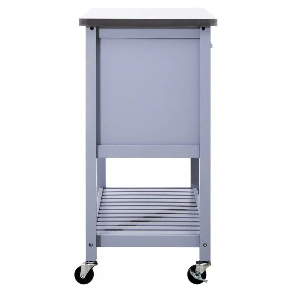 Grey kitchen trolley with stainless steel top, open slatted shelf and wheels, side view