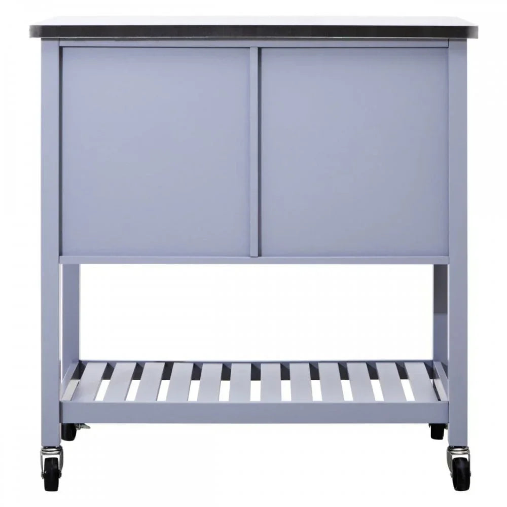 Light grey kitchen trolley with metal top, sliding doors and slatted shelf on wheels
