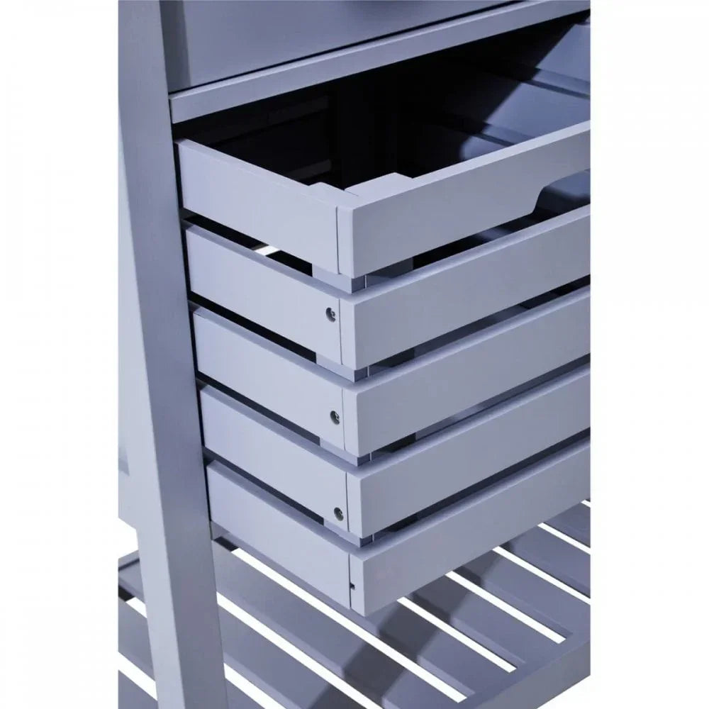 Grey wooden storage unit with open slatted drawer and shelf detail