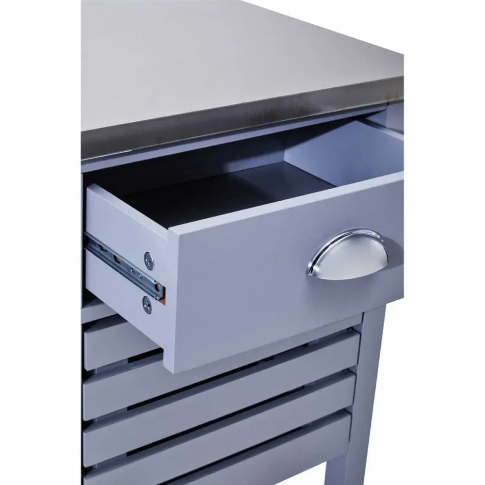 Grey kitchen trolley drawer with stainless steel handle and metal worktop