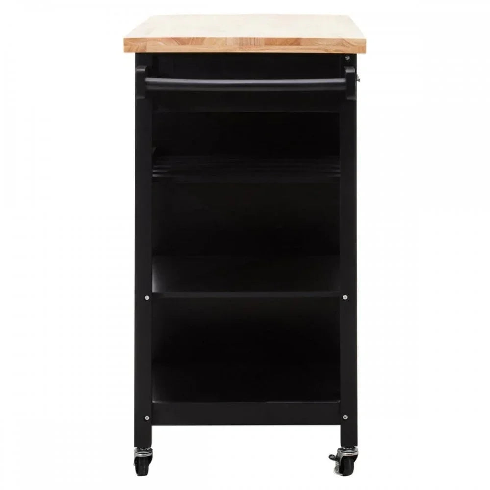 Black kitchen trolley with wooden top, three open shelves and wheels