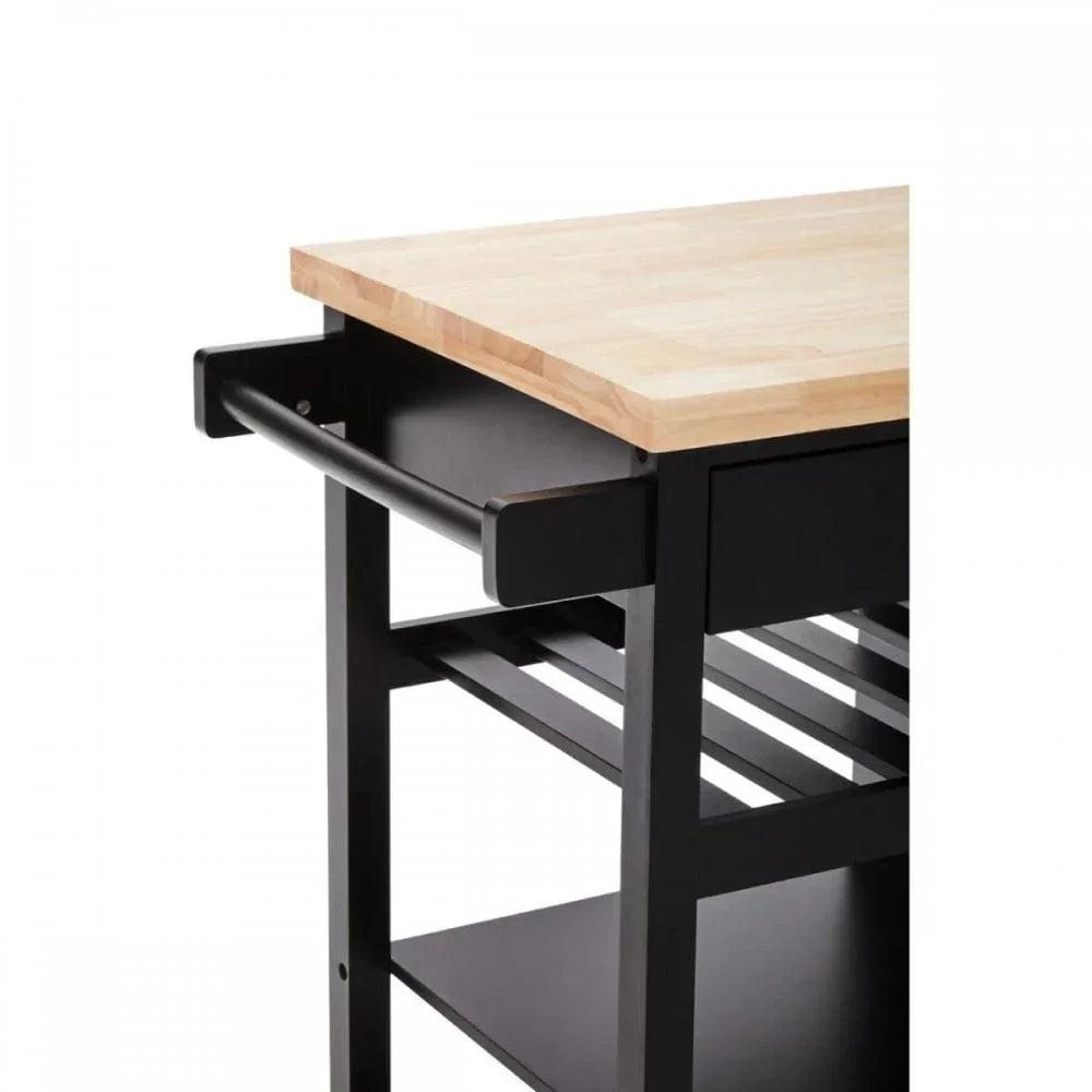 Black kitchen trolley with light wood top, towel rail, open shelves, and drawer detail
