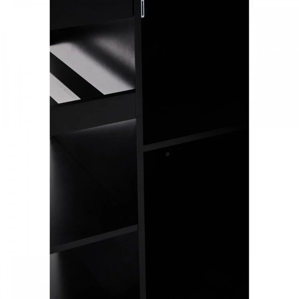 Close detail of black shelving unit with multiple compartments and modern finish