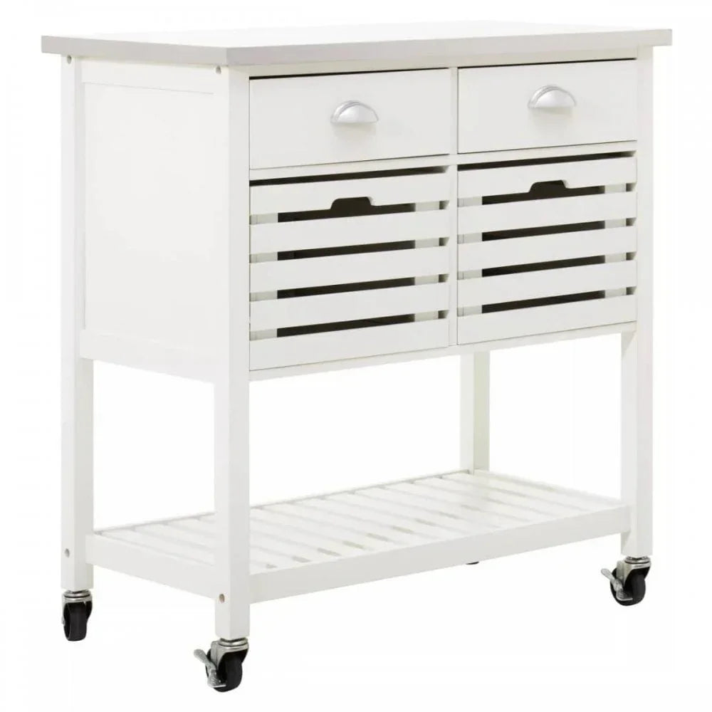 White kitchen trolley with two drawers, two slatted baskets, lower shelf and caster wheels