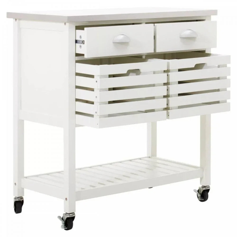 White kitchen trolley with two drawers, two slatted storage baskets and wheels