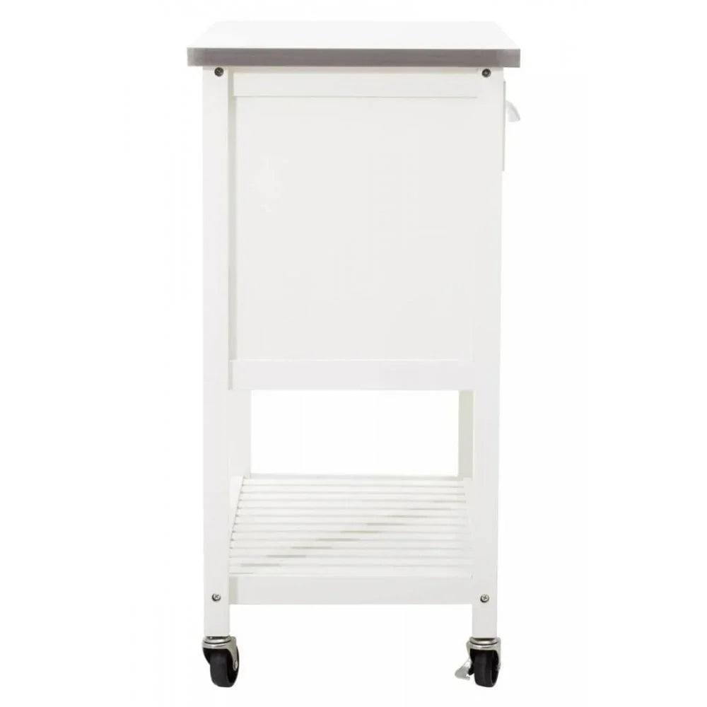White kitchen trolley with slatted shelf and caster wheels, side view