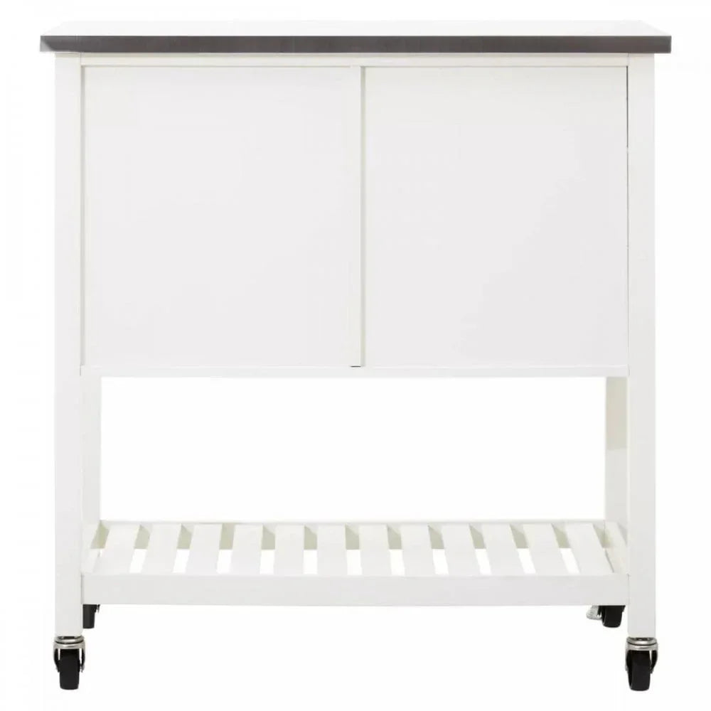 White kitchen storage cabinet with black countertop, sliding doors, shelf, and caster wheels