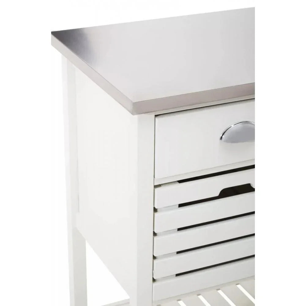White kitchen trolley with stainless steel top, drawer and slatted storage shelves