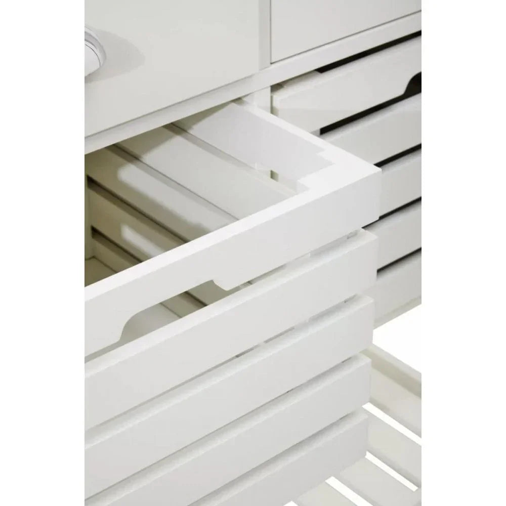 White wooden storage drawers with slatted design, partially open view