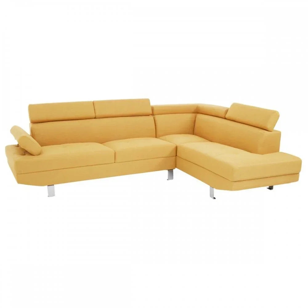 Yellow corner sofa with adjustable headrests and chrome legs on white background