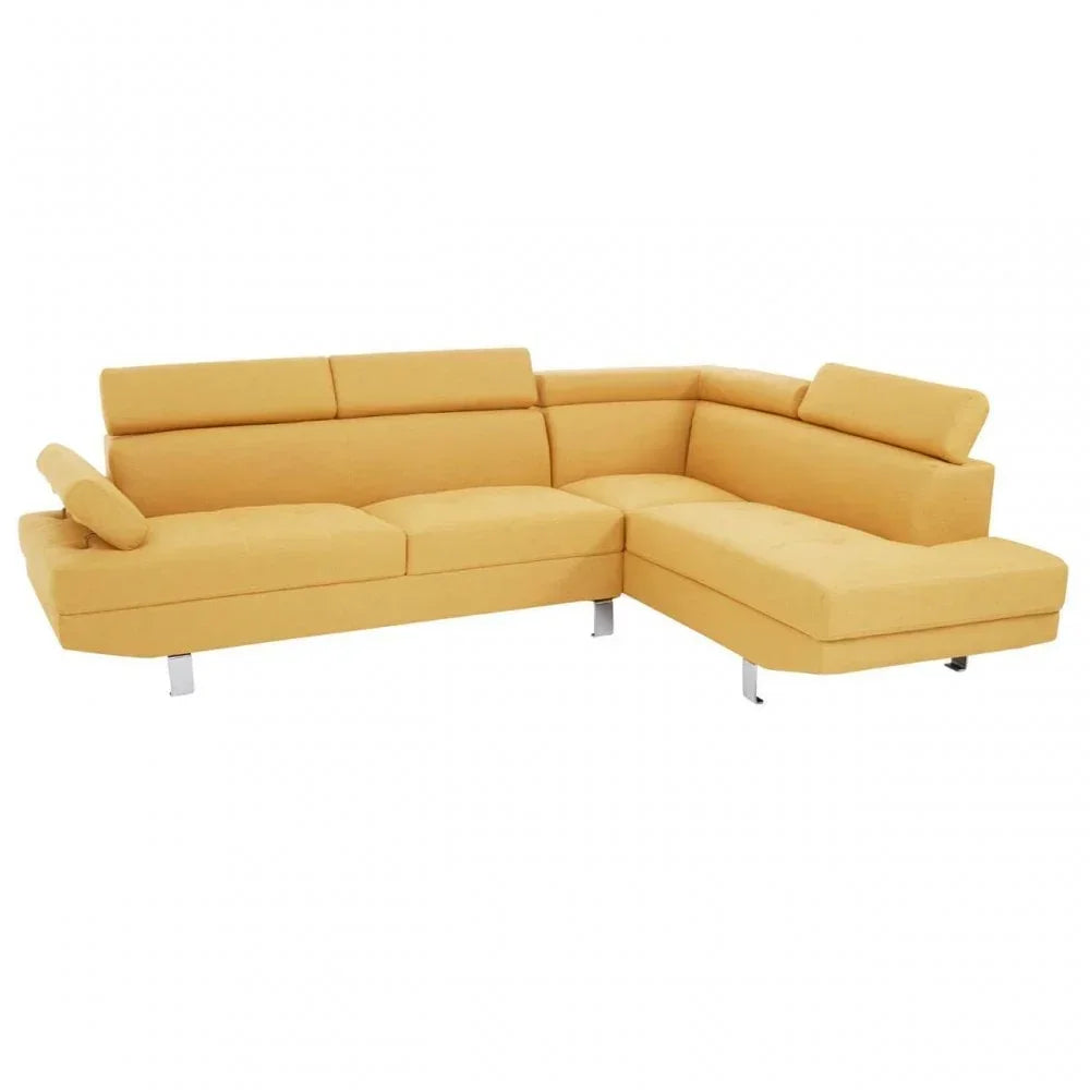Yellow corner sofa with adjustable headrests and chrome legs, modern sectional design