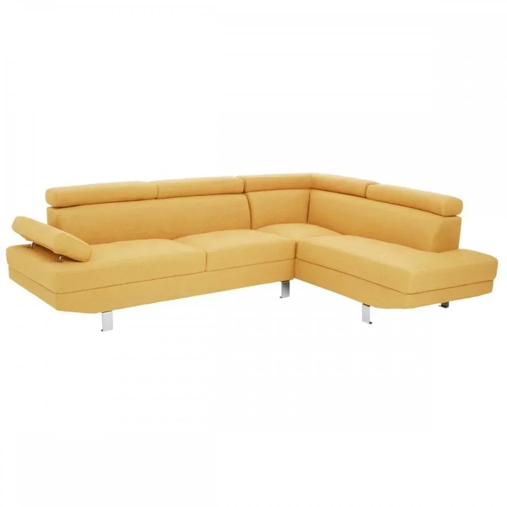 Yellow corner sectional sofa with adjustable armrest and chrome legs