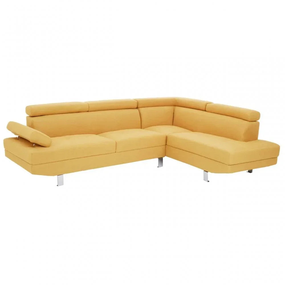 Yellow corner sofa with adjustable armrest and chrome legs on white background