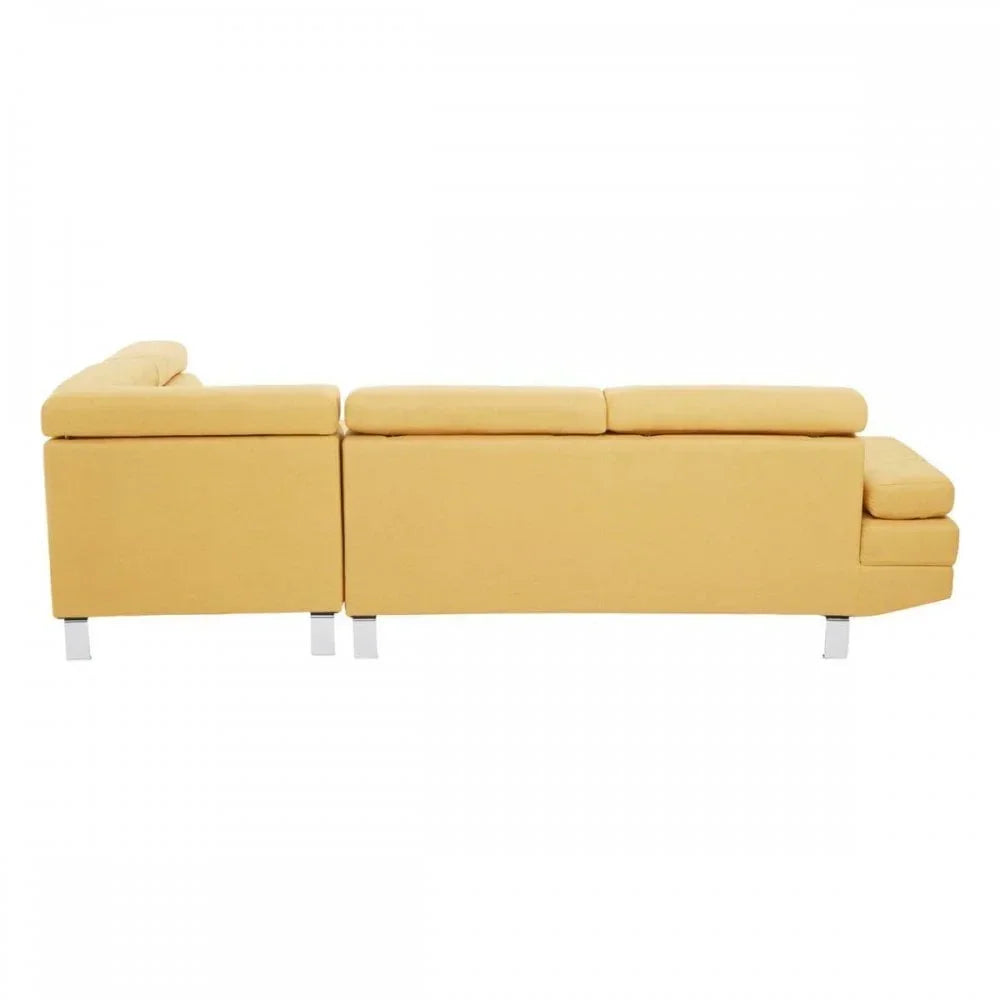 Yellow corner sofa with chaise lounge and metal legs, side profile view