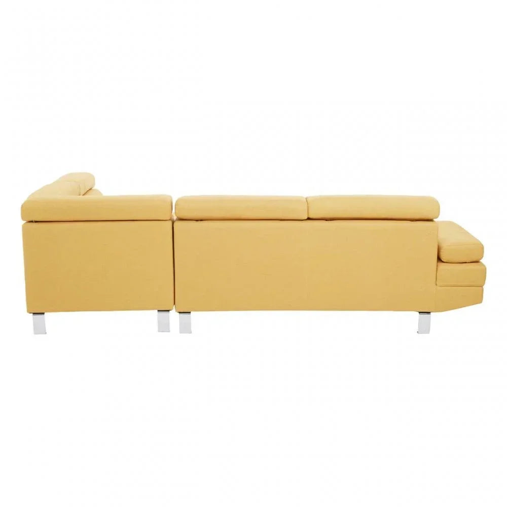 Yellow corner sofa with chrome legs viewed from the side, modern upholstery design