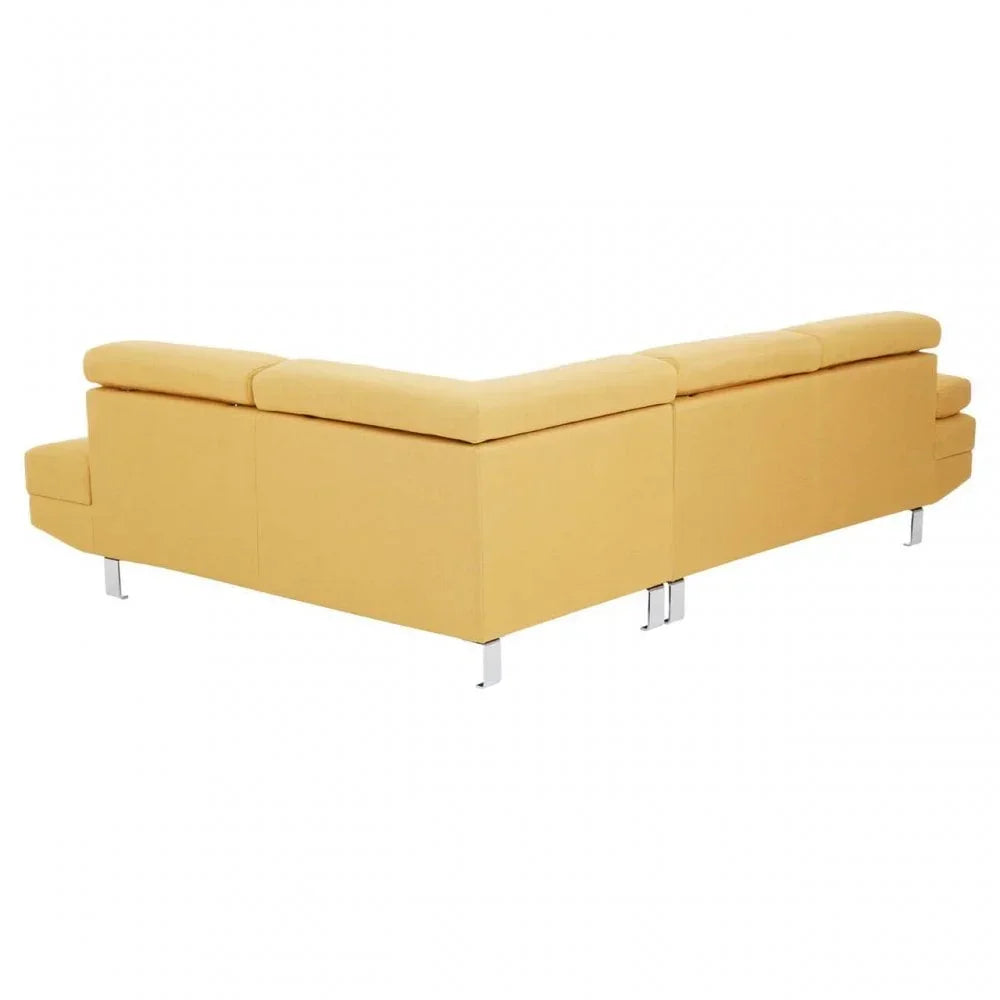 Mustard L-shaped sofa with chrome legs, rear angled view
