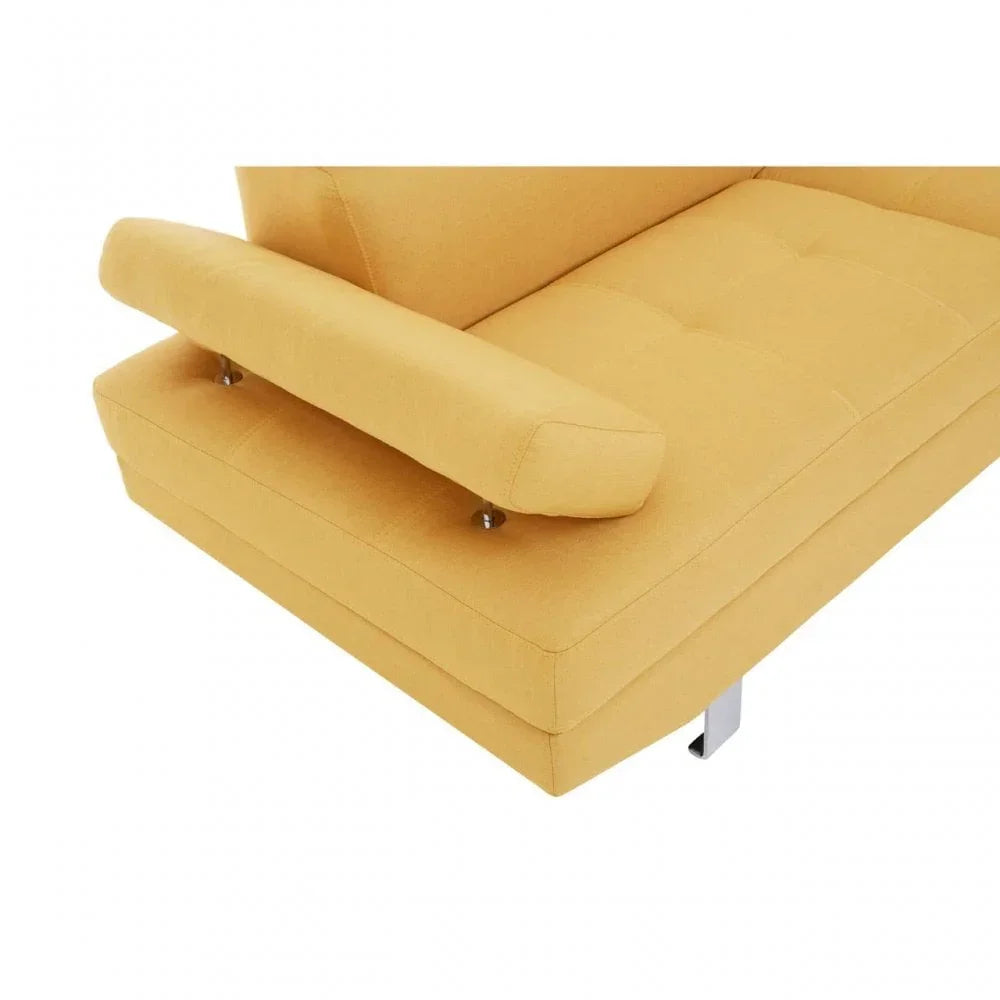 Yellow fabric sofa corner with adjustable armrest and chrome leg closeup