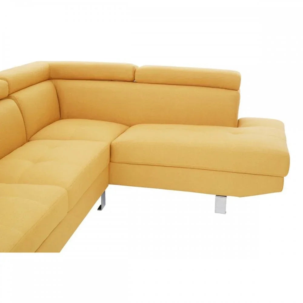 Modern yellow fabric corner sofa with adjustable headrests and chrome legs